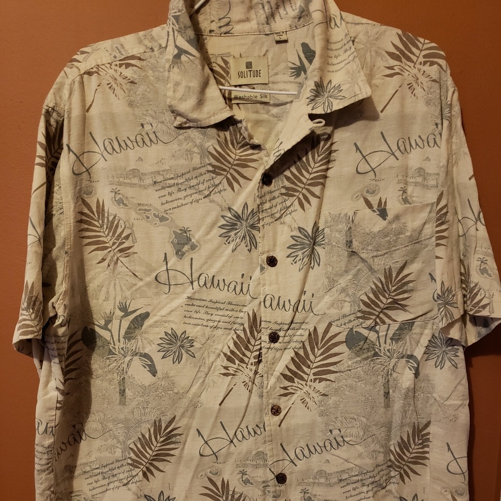 Solitude mens hawaiian shirt Large washable silk